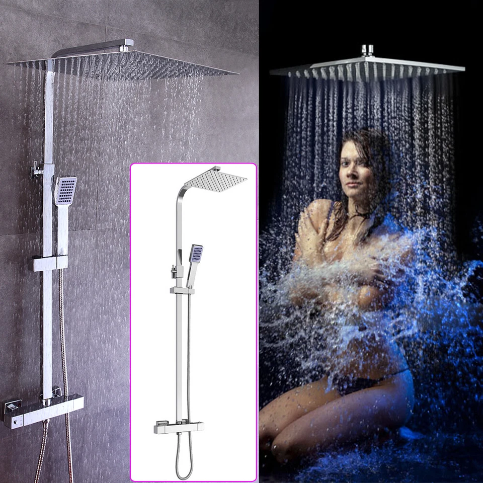 Thermostatic Mixer Shower Set Twin Head Exposed Valve Faucet Square30cm Bathroom - Image 1 of 4