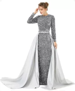 Premium Silver Mermaid Evening Dress, Sequined Party Carpet Prom Gown, Size 10 - Picture 1 of 7