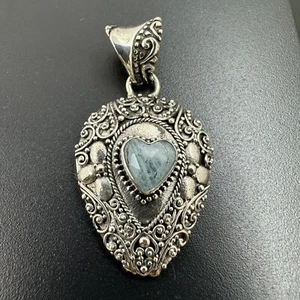 Aquamarine Heart Crystal Flower Bali Style Sterling Silver 925 Pendant #1042 - Picture 1 of 5