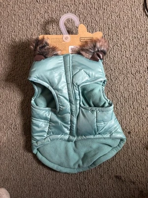 Pup Crew Dog Jacket / Vest w/Hood & Faux Fur Trim,Fleece Lined, TEAL MED (M) NWT - Image 1 of 4