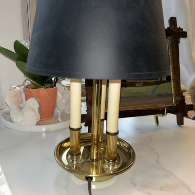 Antique Vtg Brass Bouillotte Leviton Lamp Original Shade 2 Bulb Portable - Image 1 of 4