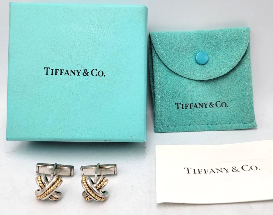 Gemelos TIFFANY & Co. de oro amarillo de 18 quilates y plata de ley firma X con caja Foto 1 de 1