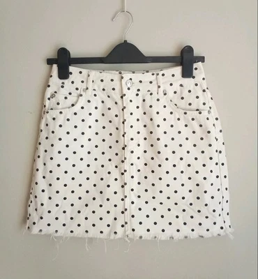 TopShop Moto Womens Skirt Denim Mini Black Polka Dots White Cotton Size 36 - Image 1 of 4