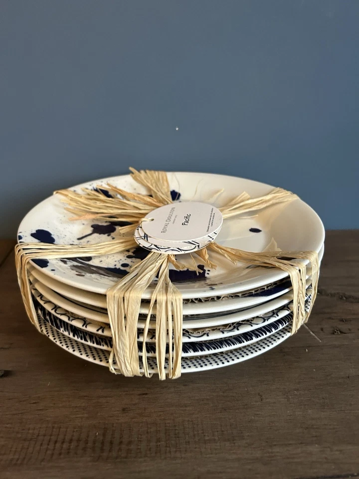 Royal Doulton Side Salad Dessert Plates Pacific Blue White & Blue 6 Designs New - Image 1 of 4