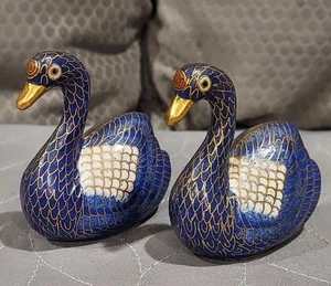 Cloisonne Swans PAIR COBALT BLUE WHITE Brass Enamel Figurines Excellent VTG - Picture 1 of 16