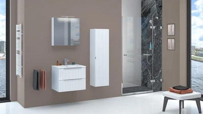 MONTIERT Badmöbel Set mit Waschbecken Keramik AMY 60cm WEISS MATT LED SOFT-CLOSE - Bild 1 von 4