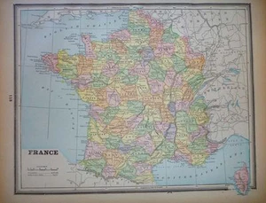 Mapa antiguo 1893 Francia, provincias ríos líneas de ferrocarril  - Imagen 1 de 1