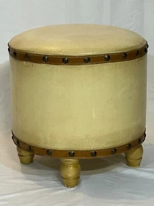 Vintage circular foot stool vinyl imported 15" high 15" diameter beige and brown - Foto 1 di 6