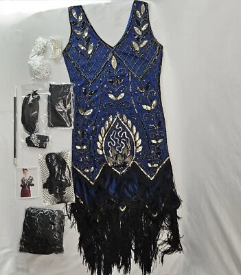 Women's Small Blue 1920s Sequin Fringe Flapper Dress and Accessory Set 8 Pieces  - Image 1 of 4