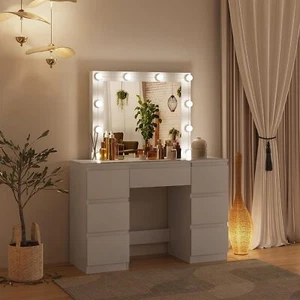 WOLTU Modern Dressing Table Set with Large Mirror and 7 Drawers Wood Makeup Desk - Picture 1 of 15
