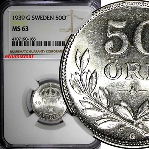 SWEDEN Gustaf V Silver 1939 G 50 Ore NGC MS63 1 GRADED HIGHEST BY NGC KM# 788(6) - Picture 1 of 4