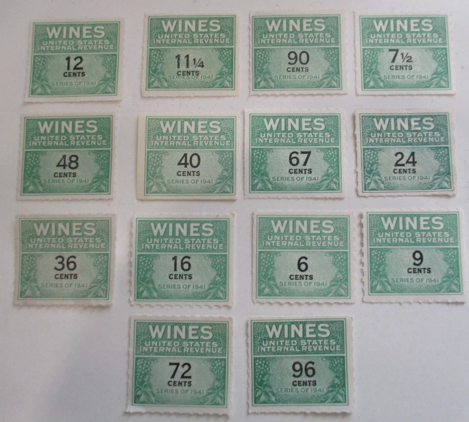 US REVENUE   14  Stamps MINT NO GUM WINES STAMP SERIES of 1941 CAT $155  See Pic - Image 1 of 1