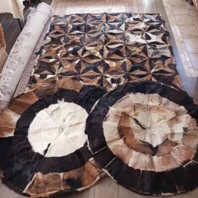 Vintage Goatskin Patchwork Rug Wall Hanging Art 1 Rectangle 2 Round - Image 1 of 4