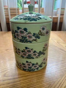 DE COLECCIÓN ORIENTAL TRES NIVELES CON TAPA APILABLE TARROS DE PORCELANA/PLATO FLORAL - Imagen 1 de 8