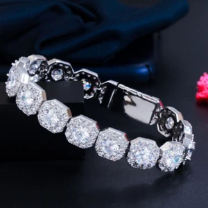 Silver Plated CZ Square Tennis Bracelet Wedding Collection Jewelry Accessories - Picture 1 of 12
