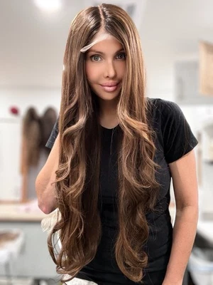 Peruca 100% cabelo humano renda fechamento frontal 5x5 Sheitel Remy 30" longa marrom média - Imagem 1 de 4