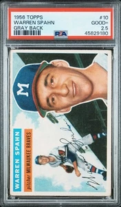 1956 Topps #10 Warren Spahn gris trasero patio Milwaukee Braves PSA 2,5 bueno+ - Imagen 1 de 2