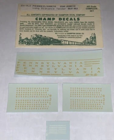 Champ Decals EH-9LD HO Pennsylvania Steam Locomotive Lone Distance Tender Dulux - Image 1 of 1