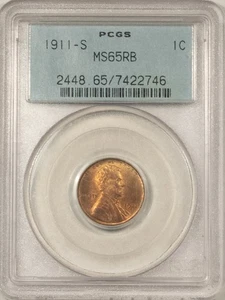 1911-S LINCOLN CENT - PCGS MS-65 RB, SUPERB GEM IN OLD HOLDER! PREMIUM QUALITY! - Picture 1 of 3