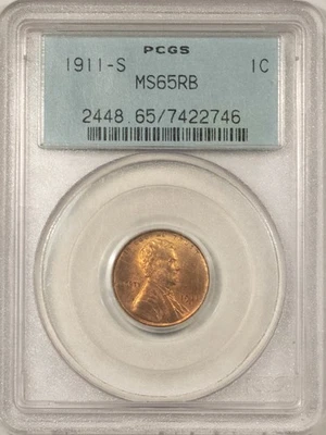 1911-S LINCOLN CENT - PCGS MS-65 RB, SUPERB GEM IN OLD HOLDER! PREMIUM QUALITY! - Image 1 of 3