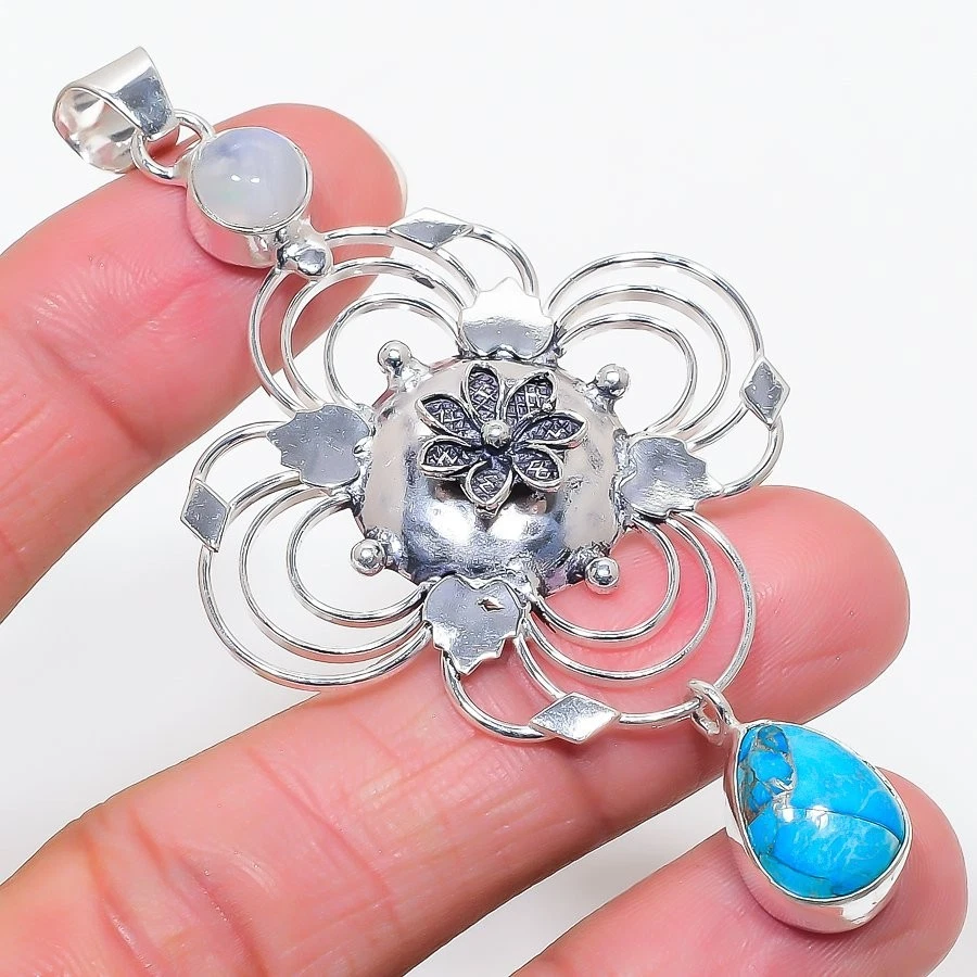 Natural Copper Turquoise Gemstone 925 Sterling Silver Jewelry Pendant Size 3.2" - Image 1 of 1