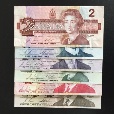 Canada Banknotes 1986-1991 Birds Series $(2, 5, 10, 20, 50, 100) 6 pcs B/T Set - Image 1 of 4