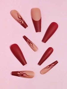 24pcs Long Coffin Burgundy Fire Pattern Full Cover Fake Nail Set Press On Nails - Picture 1 of 6