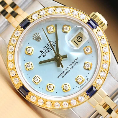 Rolex Damen Datejust Eisblau Saphir Diamant 18K Gelbgold & Stahl Armbanduhr - Bild 1 von 4