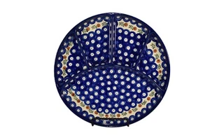 BOLESLAWIECi POLISH POTTERY DIVIDED 10" PLATE TRAY PEACOCK PATTERN BLUE DISH - Picture 1 of 9