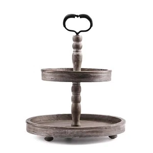 2 Tier Wood Serving Tray Two Distressed Tiered Farmhouse Decorative Wooden - Picture 1 of 8