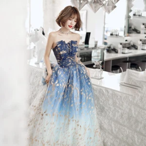 Trendy Off Shoulder Gradient Blue Tulle Evening Dresses Cocktail Party Prom Gown - Picture 1 of 11