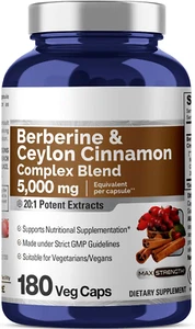 Berberine 5000mg with Ceylon Cinnamon 180 Caps No Gluten/Non GMO - Picture 1 of 2