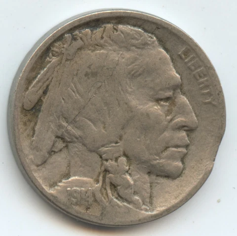 Error 1914 Buff. Nickel (#10116) Cracked Skull and light planchet clip at 3 o/c Cover