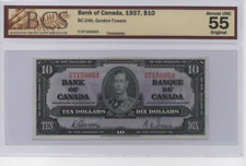 1937 Bank of Canada $10 Ten Dollar Banknote - BCS  Certified Almost UNC AU - 55