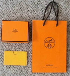 AUTH HERMES CALVI EPSON LEATHER CARD HOLDER BOX PREOWNED YELLOW SMALL - Picture 1 of 10