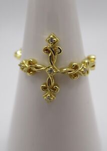 925 Sterling Silver, Plated Gold Gothic Style Cross Open Ring with Clear Zircons