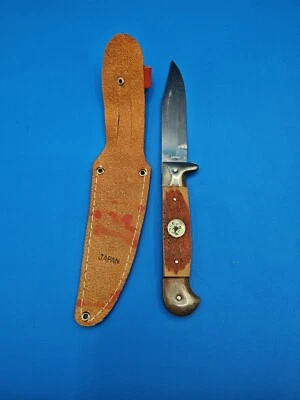 VINTAGE FIXED BLADE JAPAN KNIFE SET WOOD HANDLES W/COMPASS LEATHER SHEATH, RARE - Image 1 of 4
