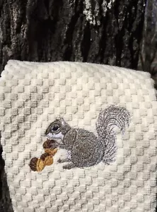 Embroidered Gray Squirrel Ivory Cream Terry Kitchen Waffle Weave Hand Dish Towel - Picture 1 of 4