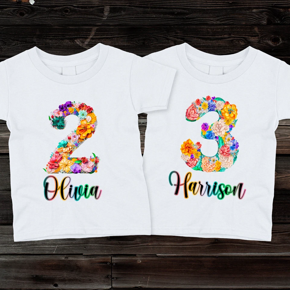Camisetas de cumpleaños personalizadas con número floral para niños, niñas y niños pequeños Foto 1 de 1