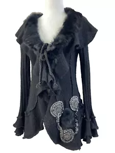 Forla Paris Womens Sweater Small Black Wool Blend Applique Ruffle Boho Grungy - Picture 1 of 16