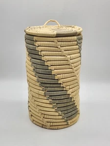 Woven Coil Grass Wicker Basket Canister With Lid 9" Tall x 5" Wide Storage - Picture 1 of 11