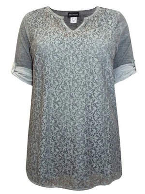 Mia Moda T-shirt top grey plus size 24 28 30 lace front overlay boho charcoal - Image 1 of 4