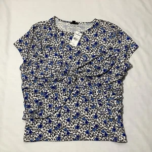 Express Shirt Womens Large White Blue Body Contour Floral Twist Front Ruched - Picture 1 of 8