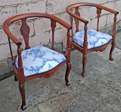 Pair Antique Old Victorian Wooden Mahogany Barrel Club Accent Fabric Arm Chairs - Image 1 of 4