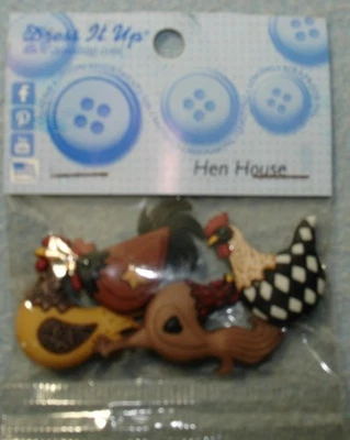 Novelty Plastic HEN HOUSE Buttons NIP by Dress It Up 4 FANCY CHICKENS HEN Shanks - Image 1 of 4