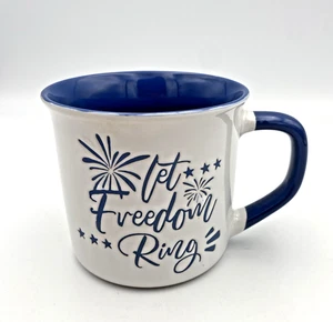Coffee Cup Mug 16 oz Ceramic Patriotic Let Freedom Ring White w/Blue Accents - Picture 1 of 5
