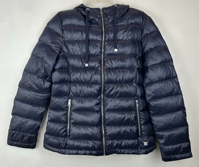 Abrigo acolchado Andrew Marc para mujer M empaquetable ligero premium azul con capucha Foto 1 de 4