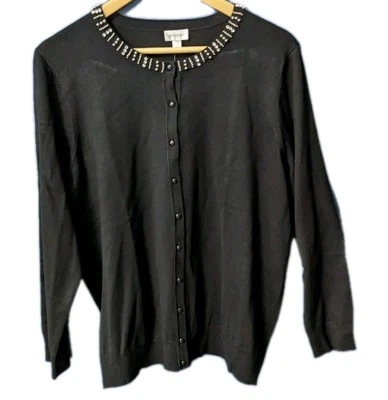Avenue Fine Gauge Knit Embellished Black Cardigan Sz 14/16. New with Tags! - Image 1 of 4