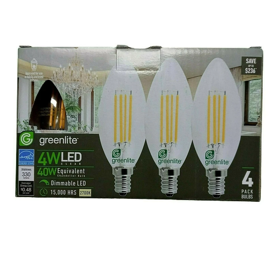 GreenLite LED 4PK Chandelier Bulbs 4W LED Equal to 40W 15,000 Hours 2700K - Image 1 of 4
