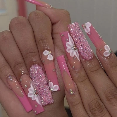 Pink French Tip Glitter Ultra-long Coffin False Nail Flower Fake Nail with Rhine - Image 1 of 4